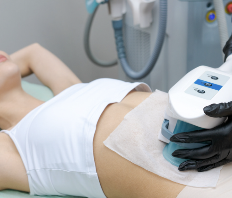 A woman is getting her belly brushed on the bed